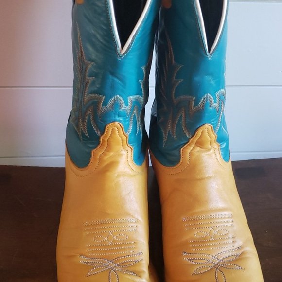 Tony Lama Womens Vintage 8.5 M Turquoise and Goldenrod with Black Accent Boots - Picture 4 of 6